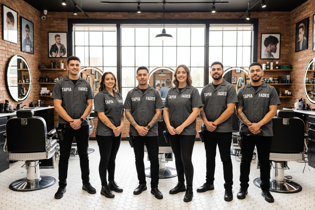 TEAM OF BARBERS ALL WEARING SHIRTS THAT SAY " TAPIA FADES"